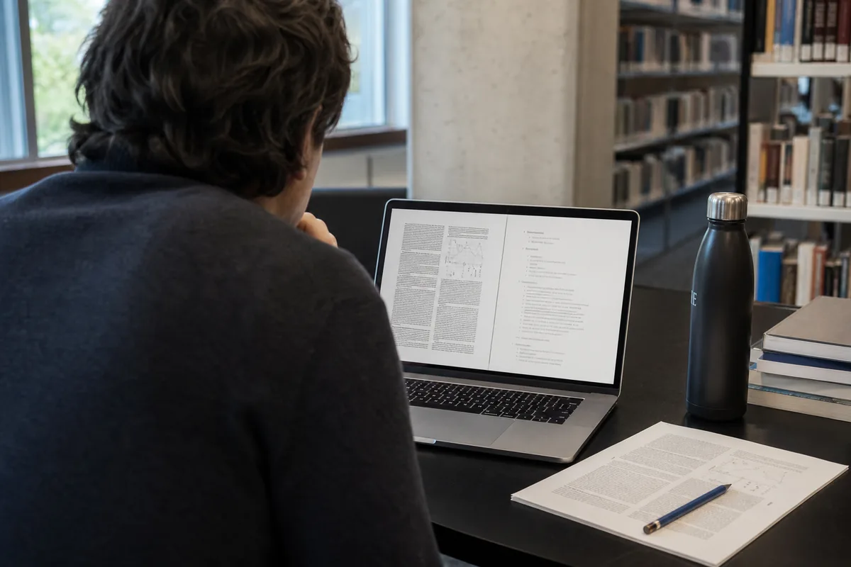 A researcher reviewing a paper and structured notes side by side